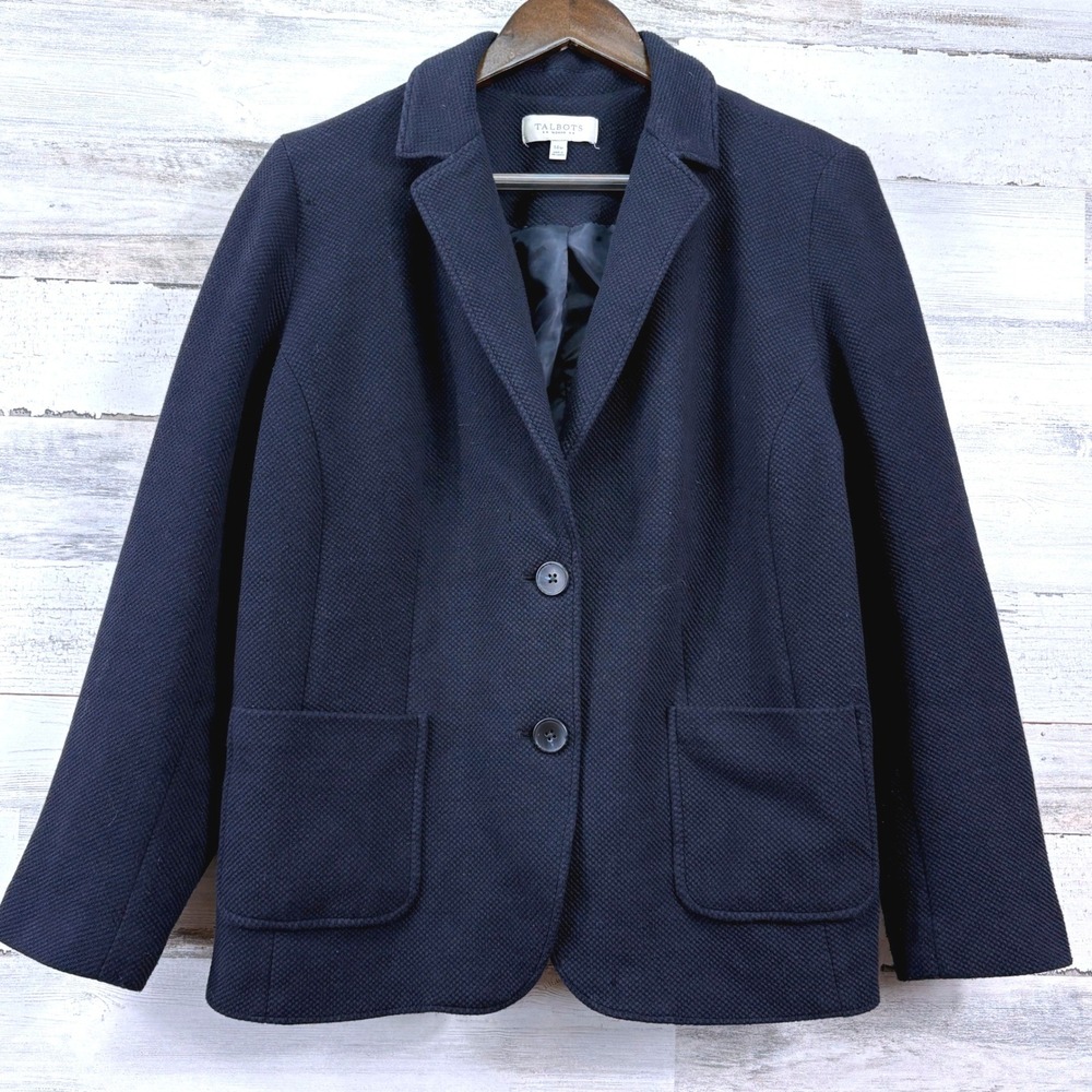 Talbots Blazer Womens 14W Navy Blue Textured Waffle Knit Two-Button Corpcore
